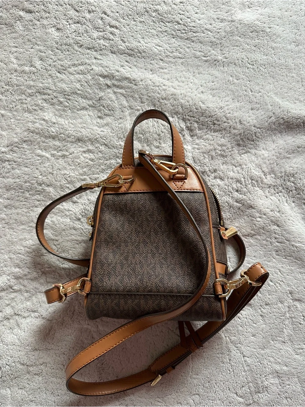 MICHAEL KORS Brown Logo-Print Mini Backpack with Gold Hardware